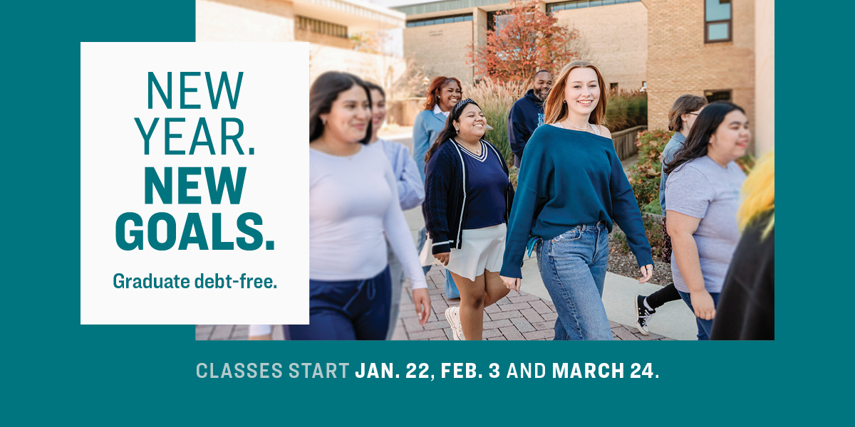 Group of students walking on college campus. Text that says, 