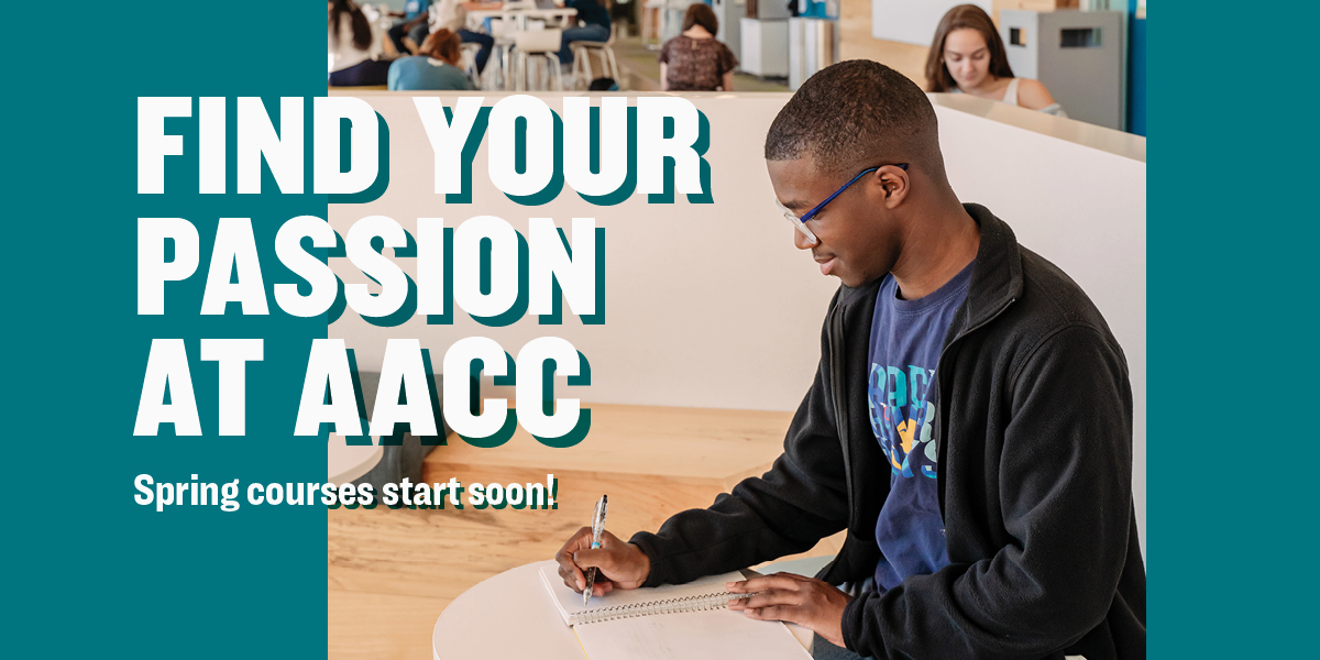 Student studying in AACC Health and Life Sciences main lobby with text that says, 