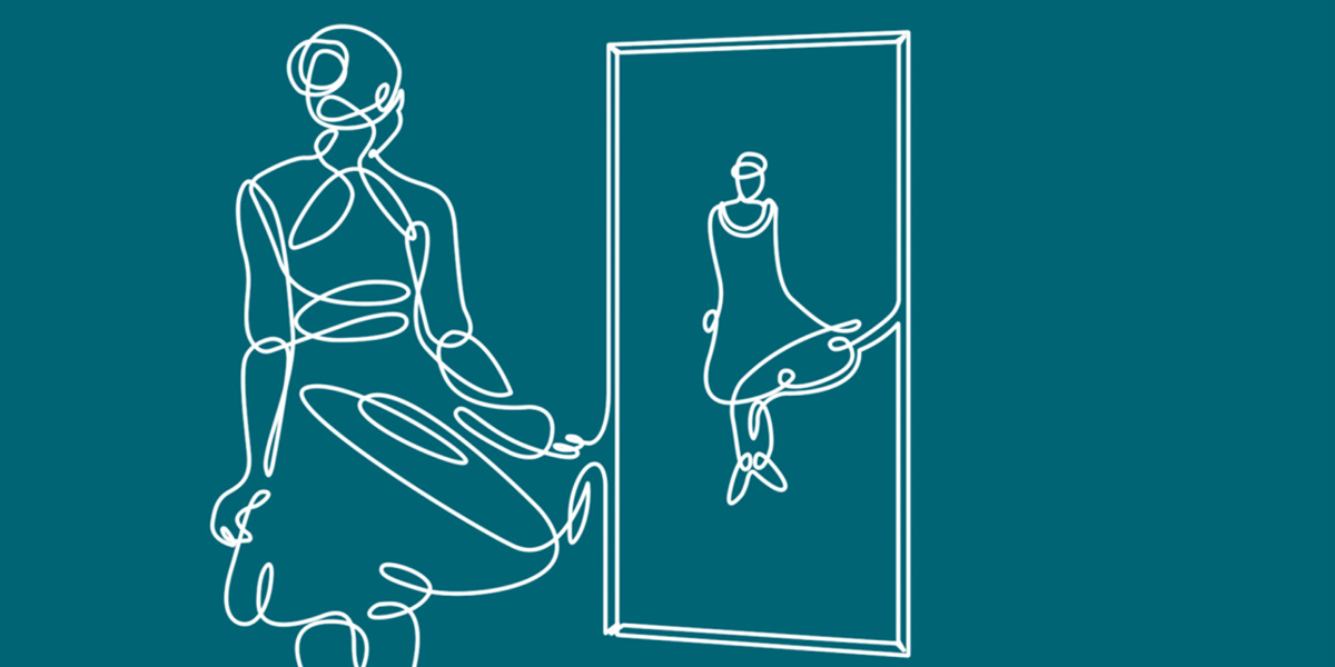 Line drawing of figure looking in mirror.