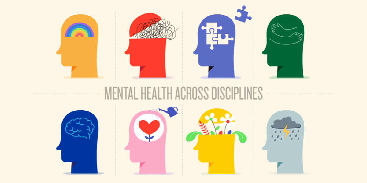 A bunch of cartoon heads populated with symbols that relate to improving your mental health. Text that says, 