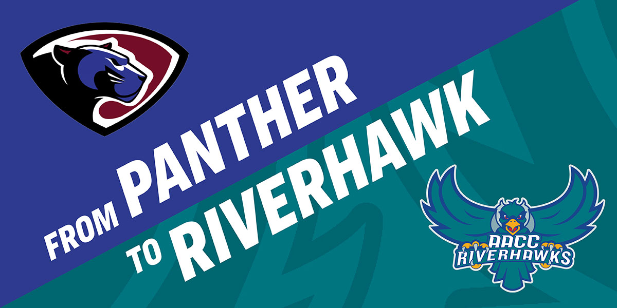 Graphic that says From Panther to Riverhawk with images of panther and riverhawk mascots