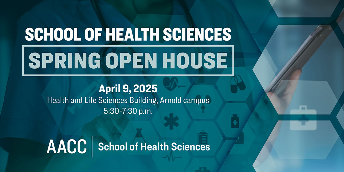 A graphic featuring various health icons with the words School of Health Sciences Spring Open House. April 9, 2025. Health and LIfe Sciences Building, Arnold campus. 5:30-7:30 p.m.