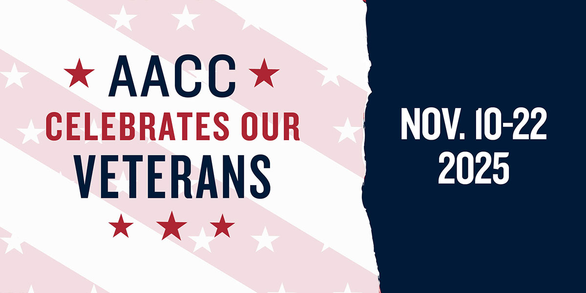 Red, white and blue banner that reads AACC celebrates our veterans. Nov. 10-22, 2025