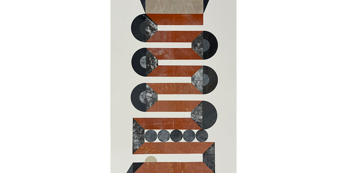 A vertical abstract artwork featuring a series of thick, rust-colored bands that zig-zag downward. The bands are connected at each turn by dark, marbled semi-circles and circles. Near the bottom, a horizontal row of five dark, solid circles is nestled between two of the rust-colored bands.