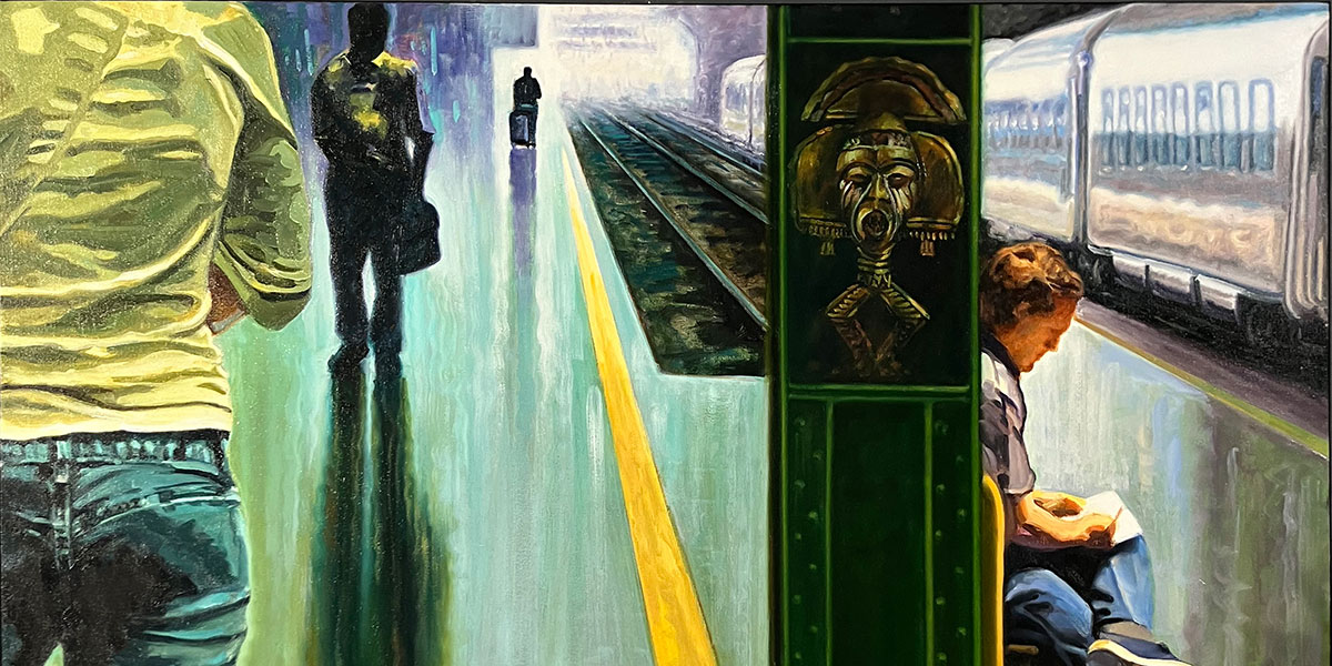 An artwork depicting people at train station platform