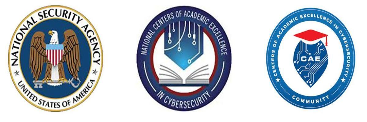 Logos for National Security Agency, National Centers of Academic Excellence in Cybersecurity and Center of Academic Excellence in Cybersecurity Community